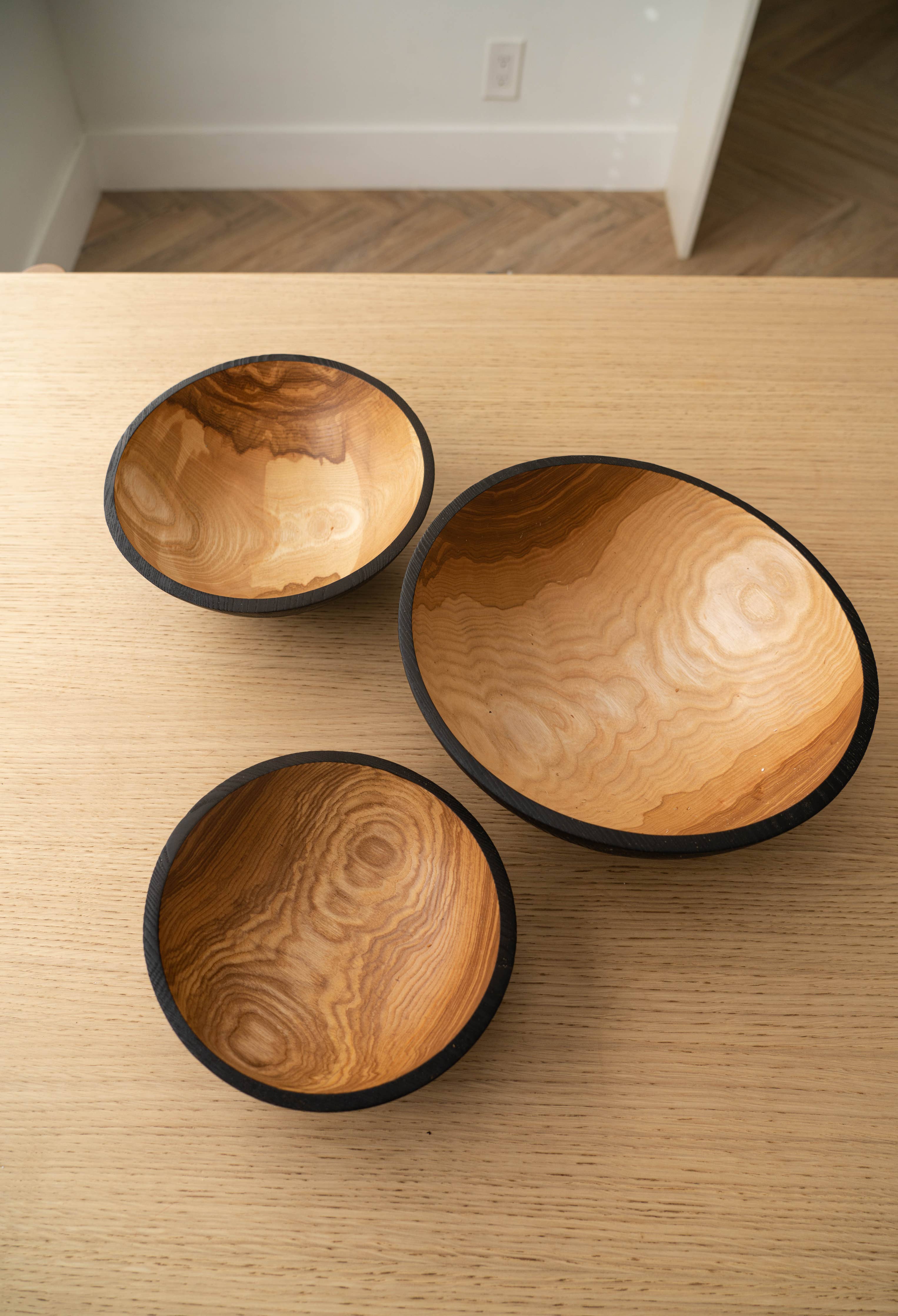 Hand-Carved Half Charred Wooden Nesting Bowl Set
