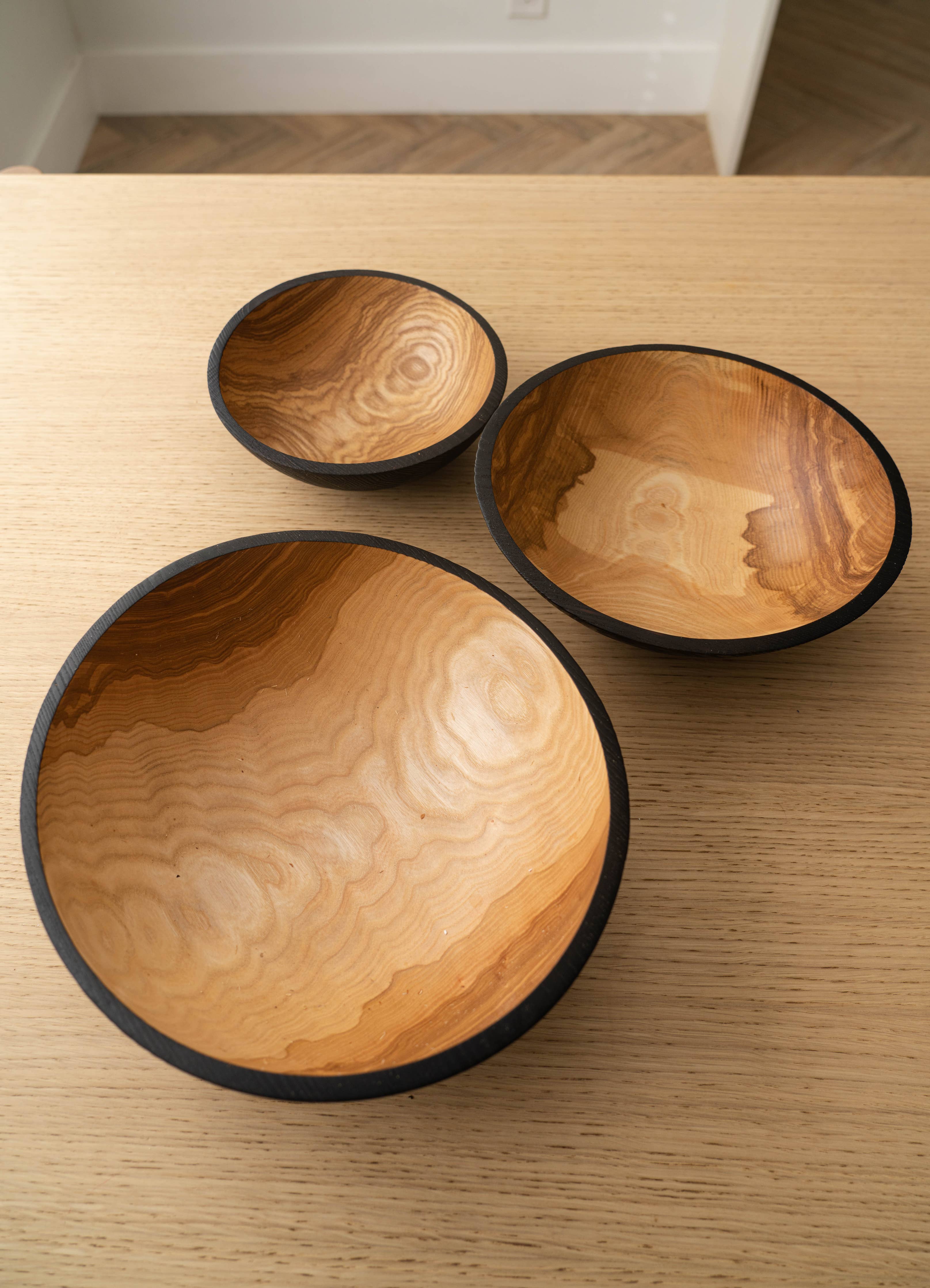 Hand-Carved Half Charred Wooden Nesting Bowl Set