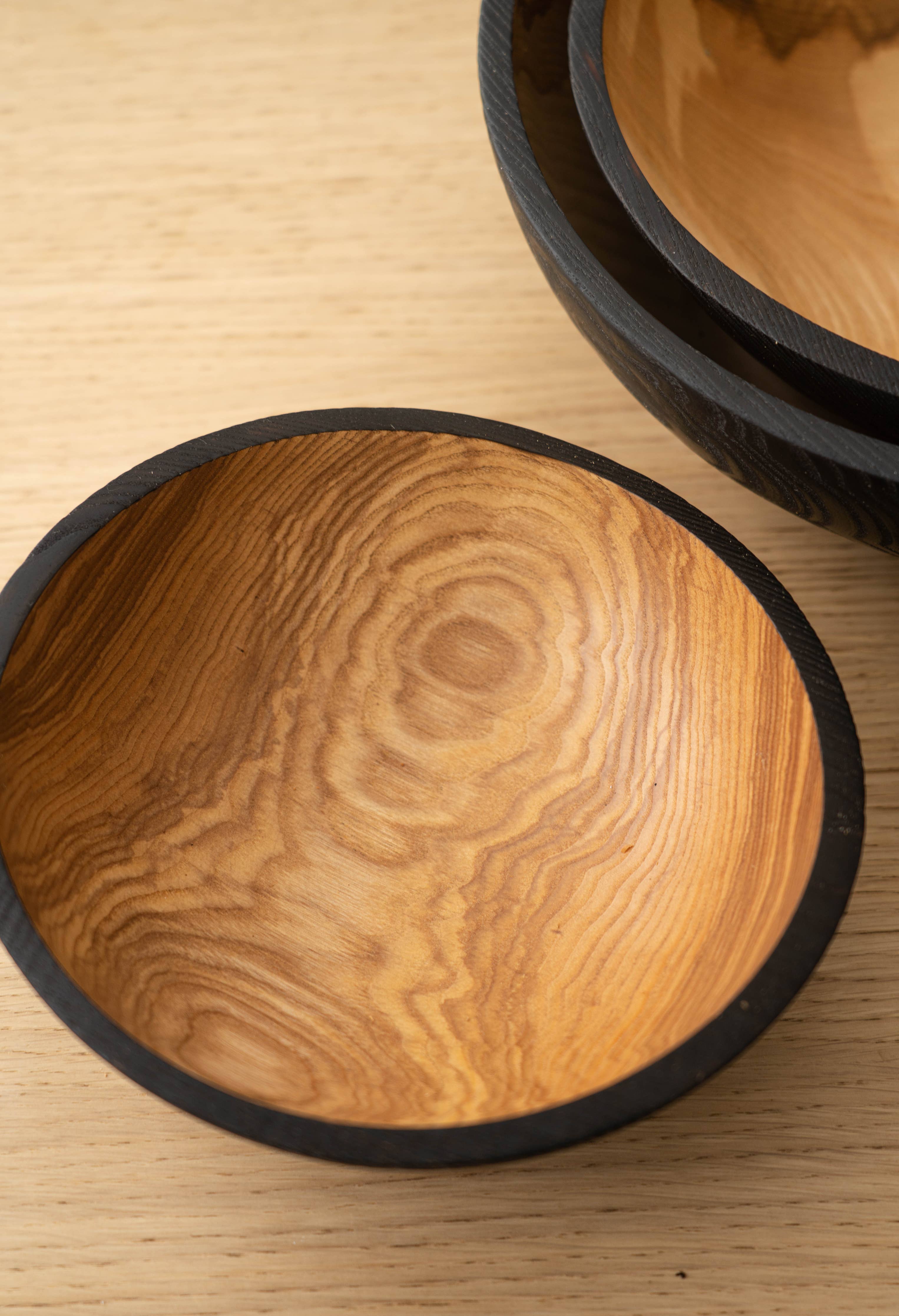 Hand-Carved Half Charred Wooden Nesting Bowl Set