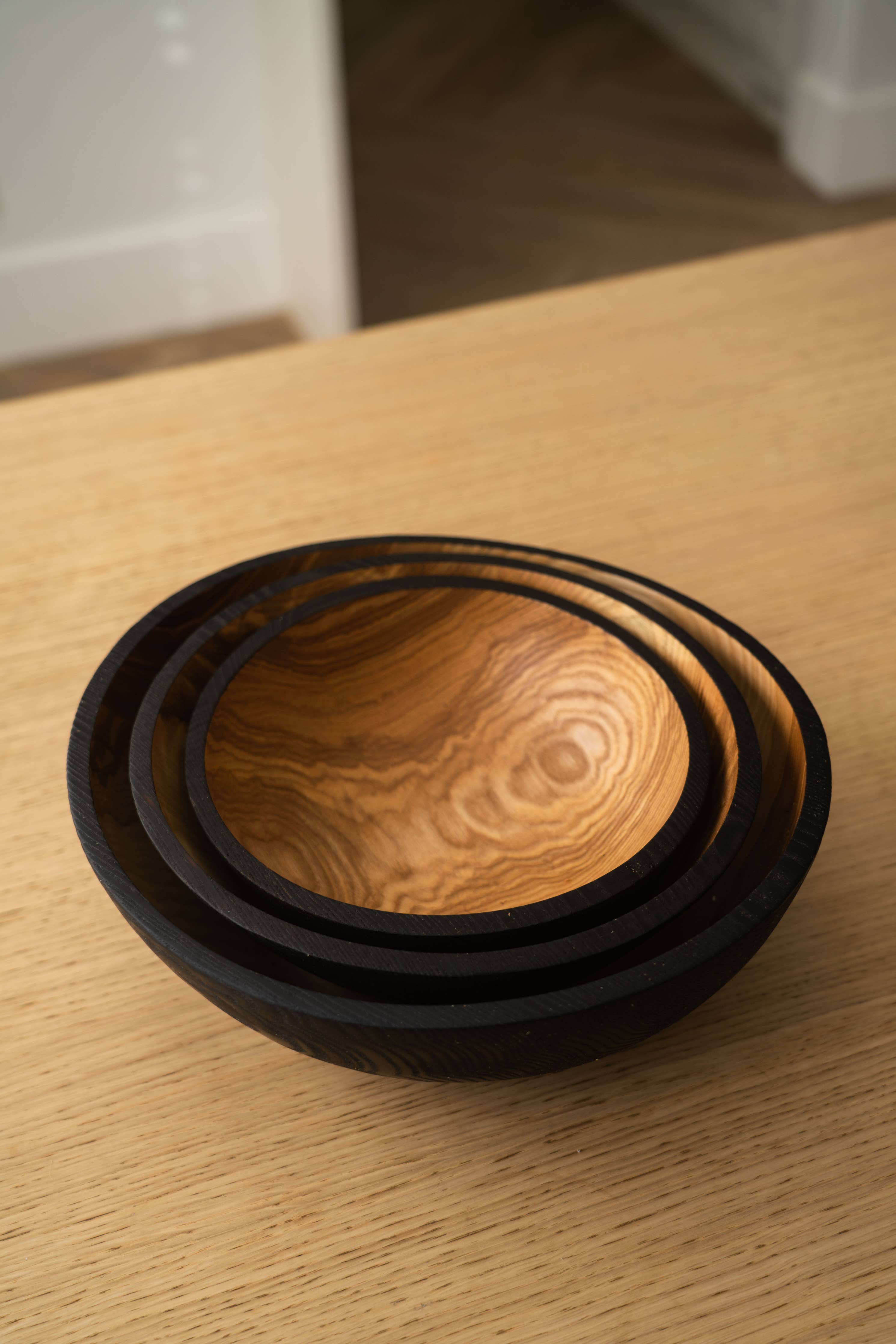 Hand-Carved Half Charred Wooden Nesting Bowl Set