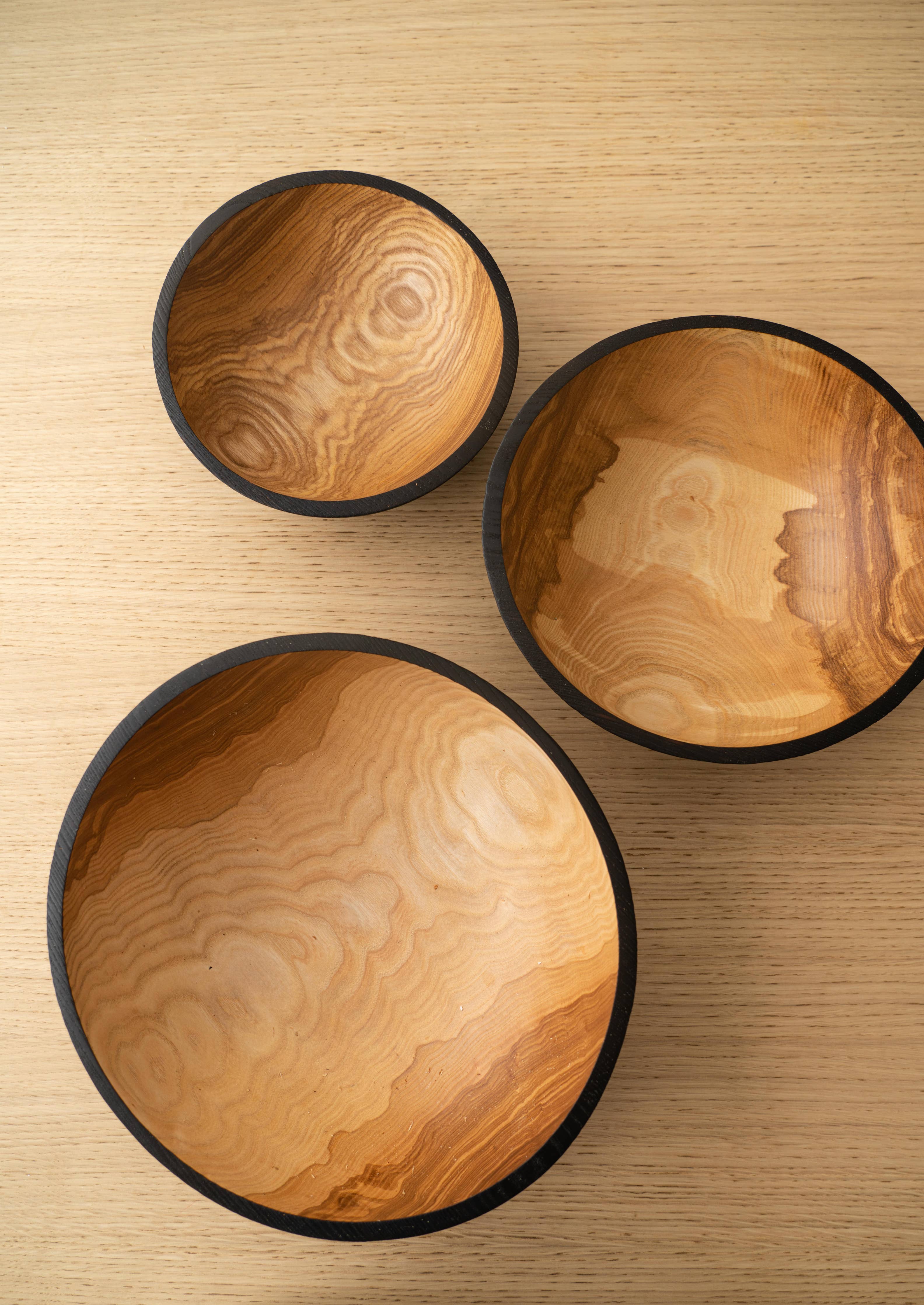 Hand-Carved Half Charred Wooden Nesting Bowl Set